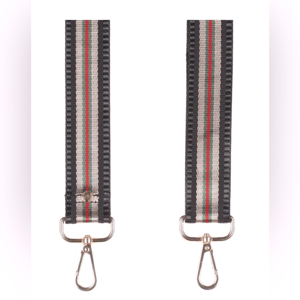 Pom Pom London Crossbody Strap - Black Stripe with bronze, red and green